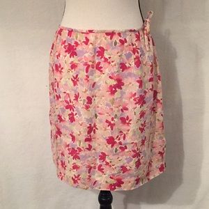 Vintage 90s Ann Taylor pink purple floral 100% linen a-line side tie skirt